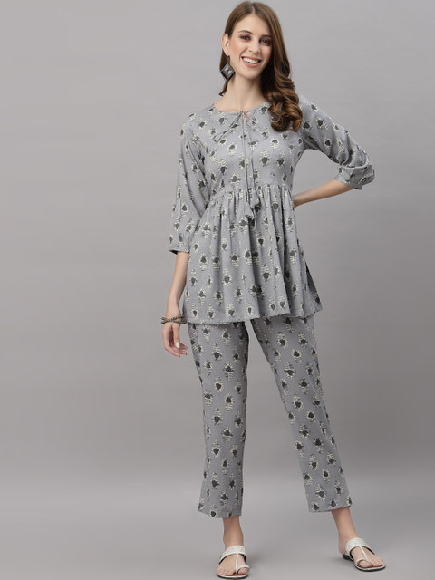 

Ragavi Women Grey Ethnic Motifs Printed Pleated Pure Cotton Kurti with Trousers