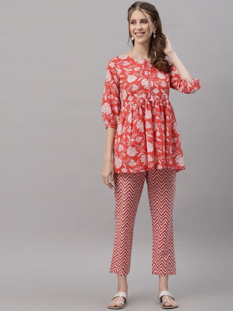 

Ragavi Women Red & Off White Printed Night suit-PP-1008E-Red