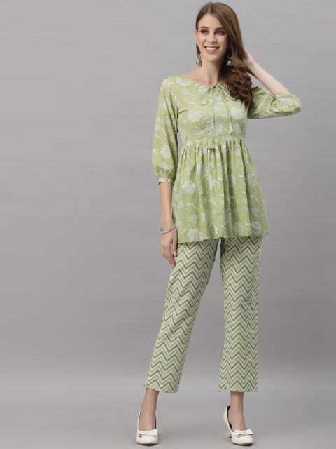 

Ragavi Women Green & Off White Printed Night suit