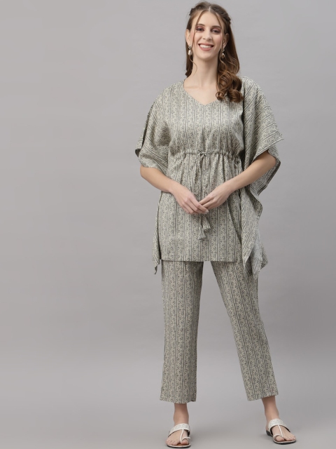 

Ragavi Women Grey & Off White Printed Kaftaan Night suit