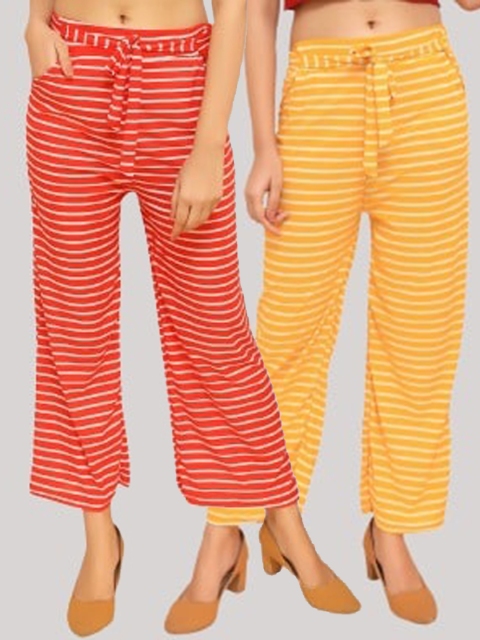 

FNOCKS Girls Pack of 2 Red & Yellow Striped Cotton Pyjamas