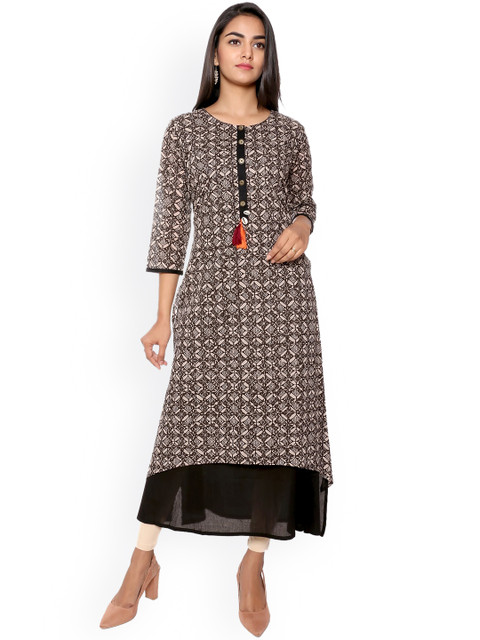 

SUTI Women Black & Beige Geometric Printed Cotton Kurta