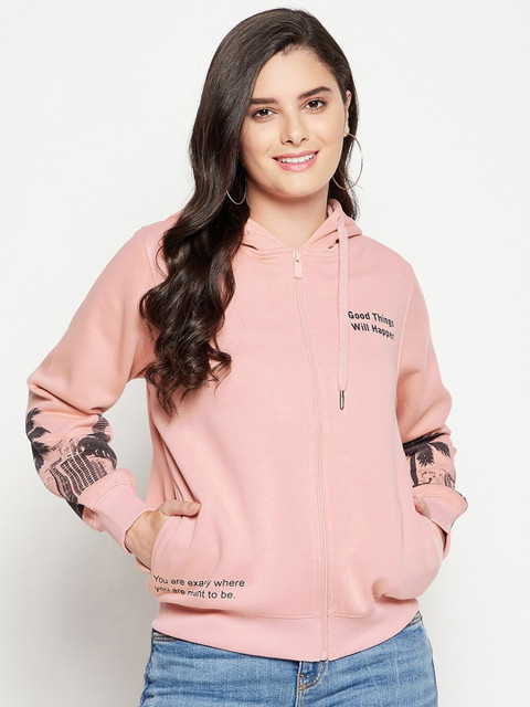

Madame Women Peach-Coloured Printed Hooded Fleece Sweatshirt