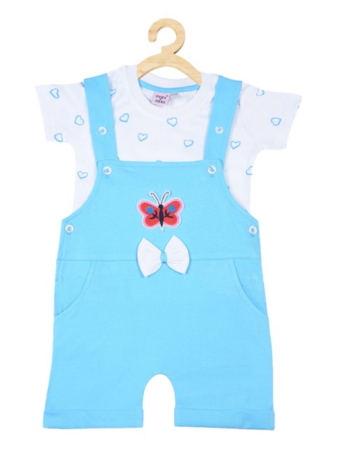 

POMY & JINNY Infant Kids Blue & White Printed Cotton Dungarees With T-Shirt