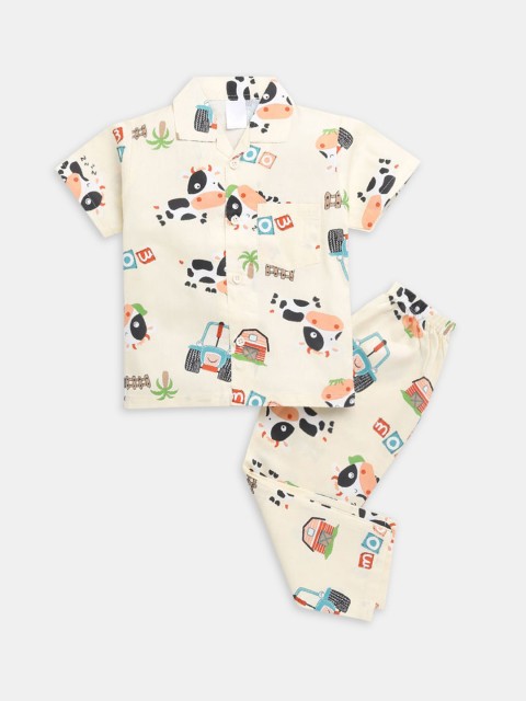 

Hopscotch Boys Off White & White Printed Night suit