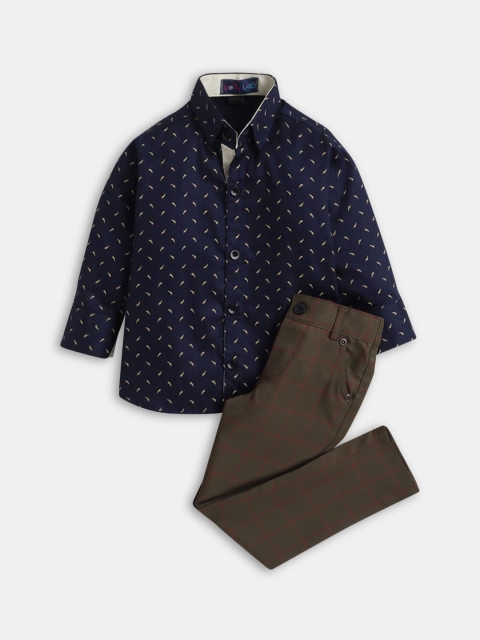 

Hopscotch Boys Navy Blue & Brown Printed Cotton Shirt with Trousers