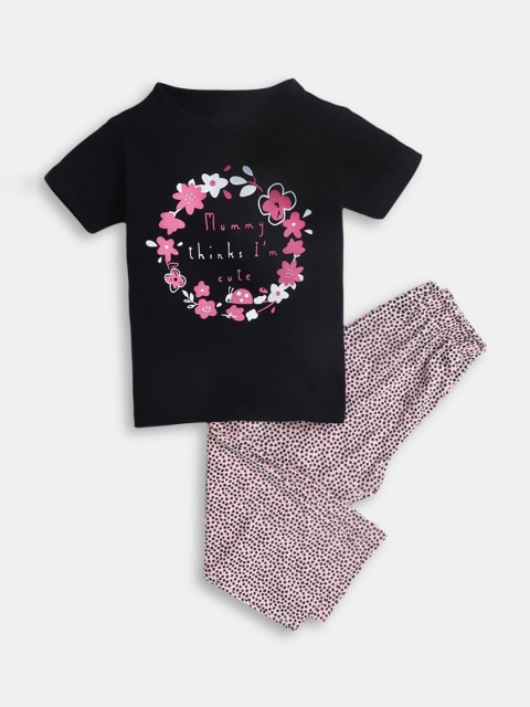 

Hopscotch Girls Pink & Black Printed Night suit