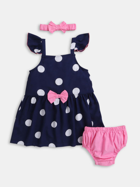 

Hopscotch Girls Navy Blue & Pink Printed Cotton Fit & Flare Dress with Bloomer