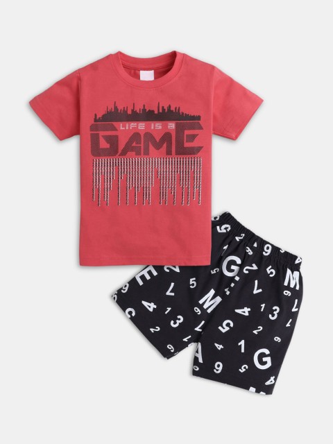 

Hopscotch Boys Red & Black Printed Polyester T-shirt with Shorts