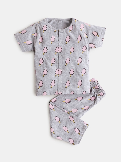 

Hopscotch Girls Grey & Pink Printed Pure Cotton Night suit