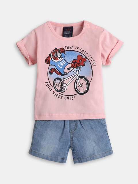 

Hopscotch Boys Coral & Blue Printed Pure Cotton T-shirt with Shorts