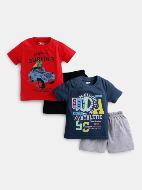 

Hopscotch Boys Pack Of 2 Navy Blue & Red Printed T-shirt with Shorts