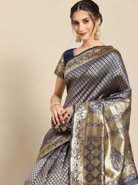 

all about you Navy Blue & Gold-Toned Ethnic Motifs Silk Blend Saree