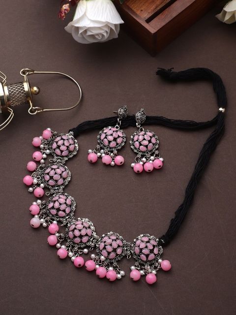 

CARDINAL Silver-Toned Oxidized Pink Stone Flower Lavish Choker Necklace Set