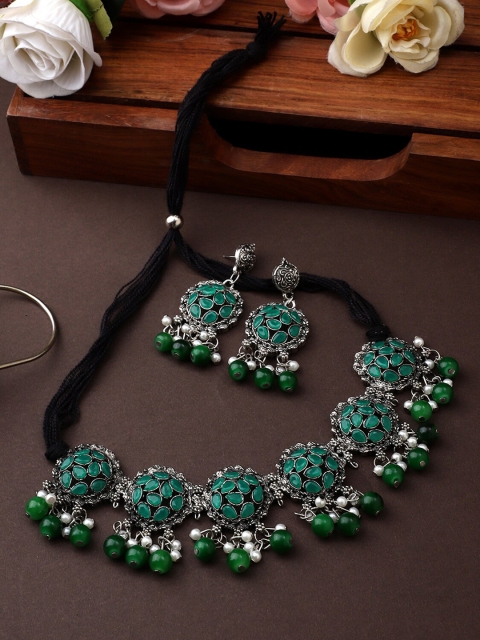 

CARDINAL Silver-Toned Oxidised Green Stone Flower Lavish Choker Necklace Set