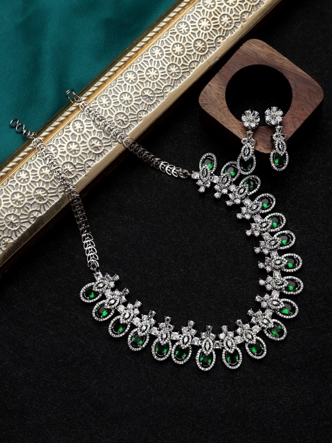 

CARDINAL Green AD-Studded & Beaded Jewellery Set, Silver