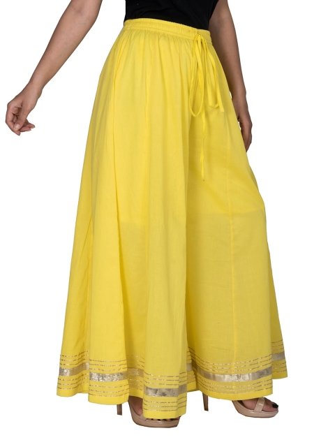

Swasti Women Yellow & Gold-Toned Flared Lace Crepe Ethnic Palazzos