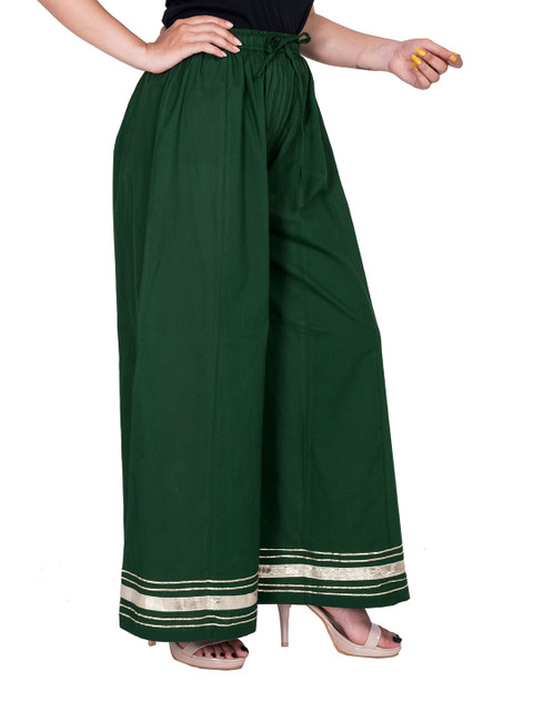 

Swasti Women Green & Gold-Toned Flared Lace Crepe Ethnic Palazzos