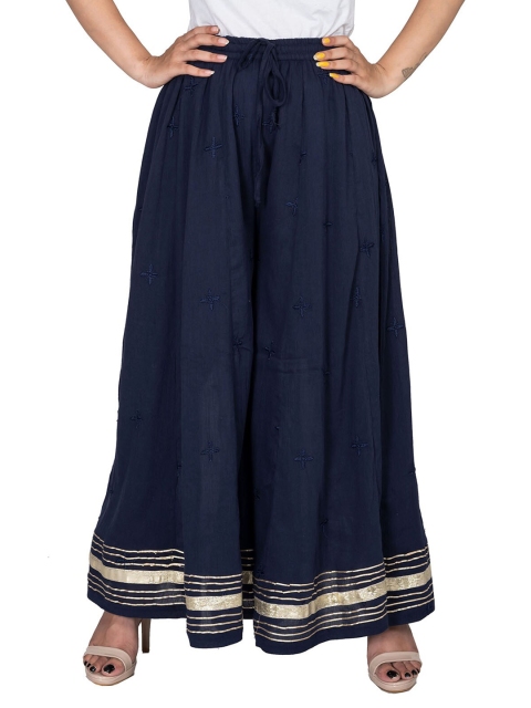 

Swasti Women Navy Blue & Gold-Toned Flared Crepe Ethnic Palazzos