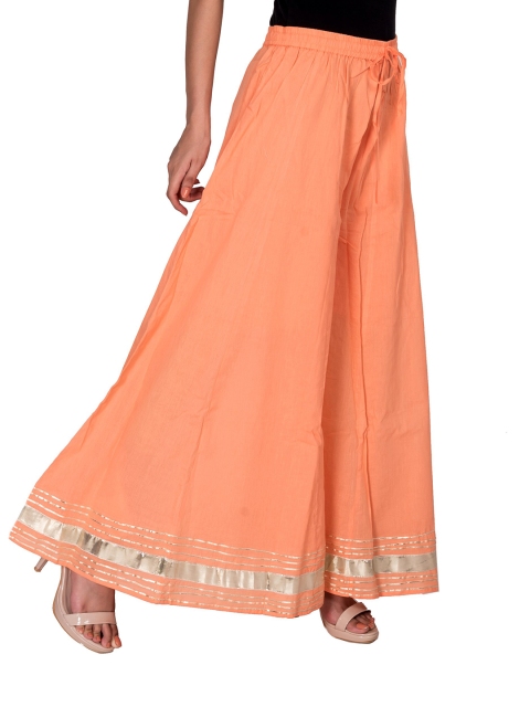 

Swasti Women Peach-Coloured & Gold-Toned Flared Knitted Crepe Ethnic Palazzos