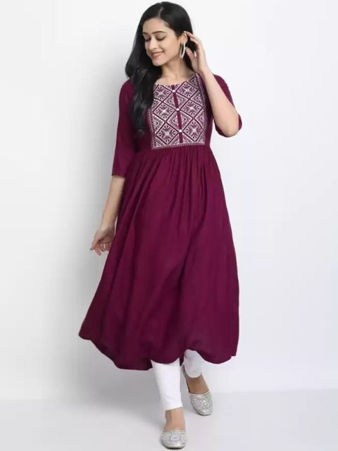 

FAVRIZ Women Maroon Ethnic Motifs Yoke Design Thread Work Anarkali Kurta