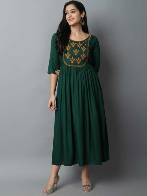 

FAVRIZ Women Green & Yellow Floral Embroidered Thread Work Floral Anarkali Kurta