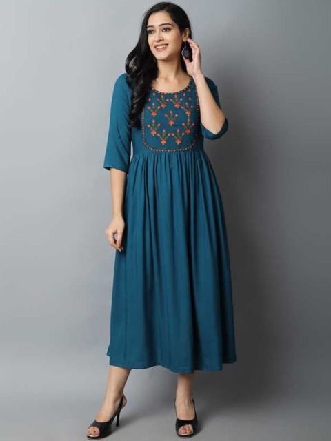 

FAVRIZ Women Blue Ethnic Motifs Embroidered Thread Work Anarkali Kurta