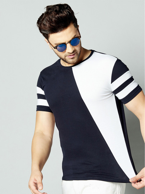 

AUSK Men Navy Blue & White Colourblocked T-shirt