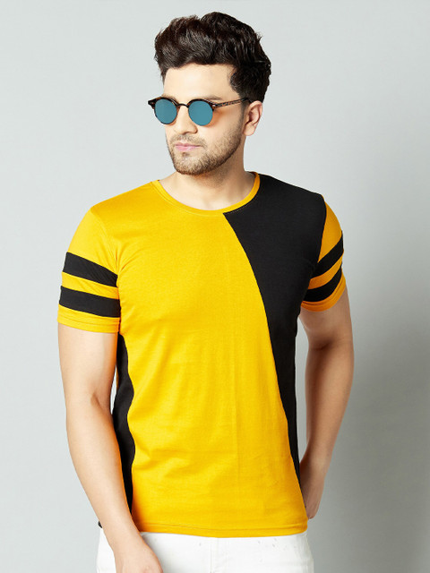 

AUSK Men Yellow & Black Colourblocked Cotton T-shirt
