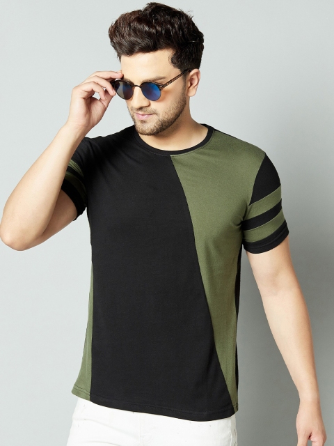 

AUSK Men Black & Olive Green Colourblocked T-shirt
