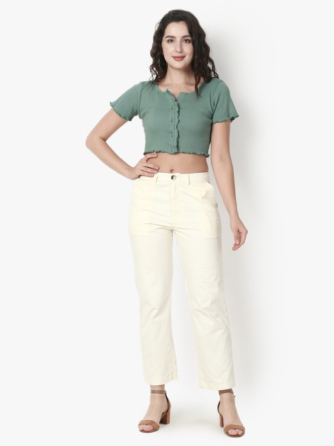 

Again fashions Women Green Ruffles Pure Cotton Crop Top