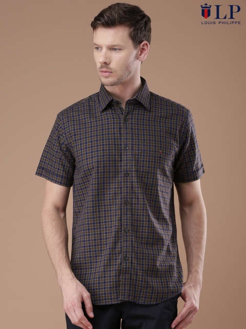 

Louis Philippe Sport Men Navy & Brown Jermyn Tailored Fit Checked Casual Shirt, Navy blue