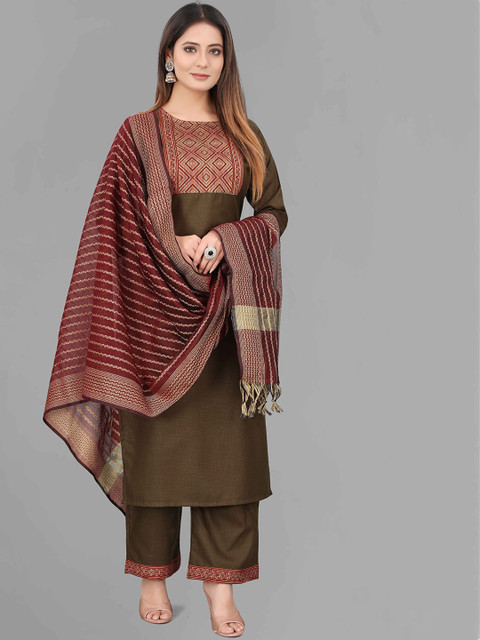 

PRASTHAN Women Olive Green Yoke Design Kurta with Palazzos & With Dupatta
