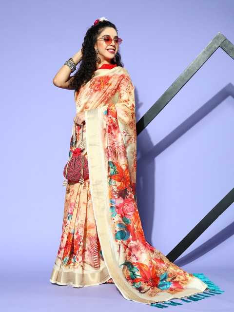 

Tikhi Imli Floral Saree with Printed border, Beige