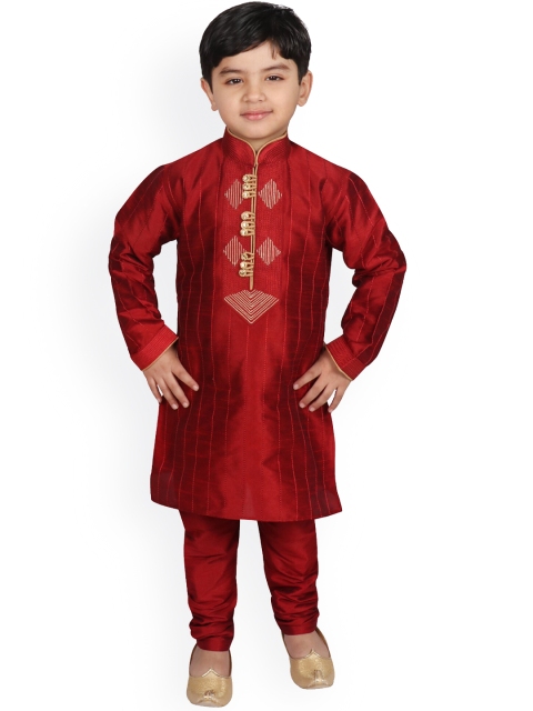 

SG YUVRAJ Boys Maroon Embroidered Raw Silk Kurta with Churidar