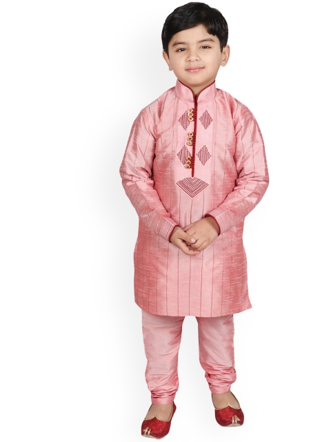 

SG YUVRAJ Boys Peach-Coloured Striped Raw Silk Kurta with Pyjamas