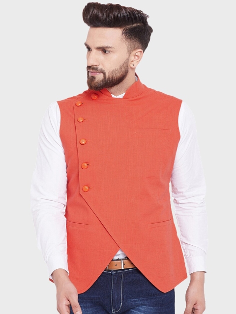 

Hypernation Men Orange Solid Pure Cotton Waistcoat