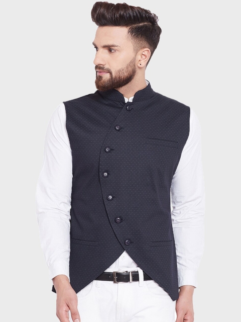 

Hypernation Men Teal Blue Solid Cotton Waistcoat, Black