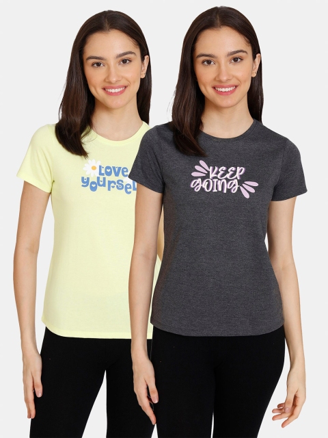 

Rosaline by Zivame Pack Of 2 Yellow & Charcoal Print Extended Sleeves Top