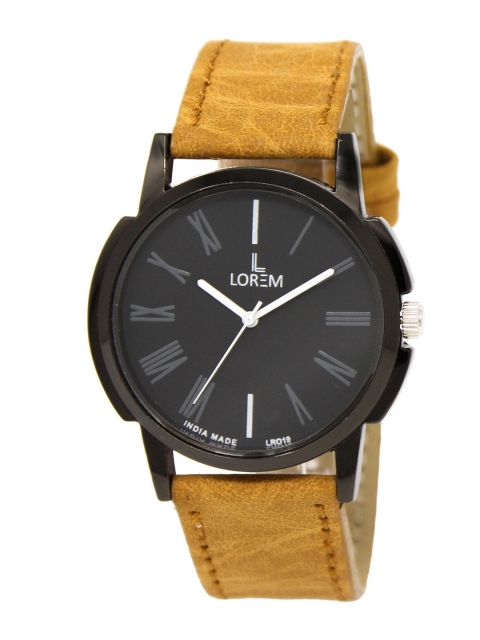 

LOREM Men Black Dial & Brown Straps Casual Round Black Roman Analogue Watch