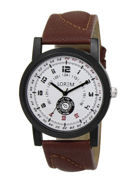

LOREM Men White Embellished Dial & Brown Straps Analogue Watch
