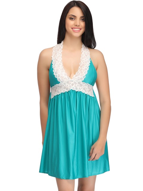 

Clovia Sea Green Satin Finish Lace Detail Halter-Neck Baby-Doll NS0319P17