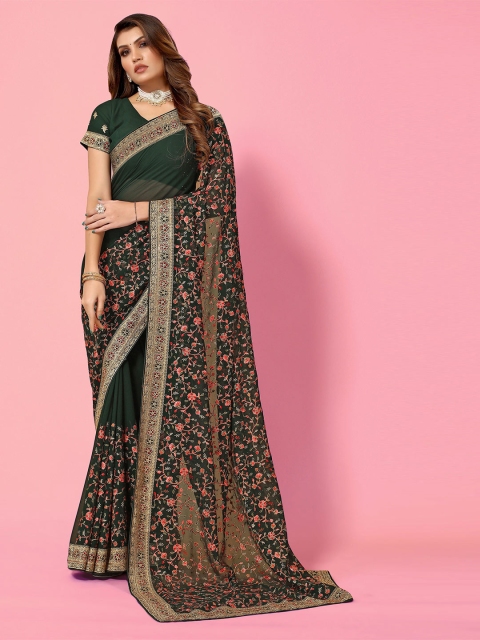 

all about you Green & Red Floral Embroidered Saree