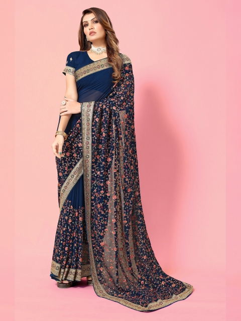 

all about you Navy Blue & Pink Floral Embroidered Saree