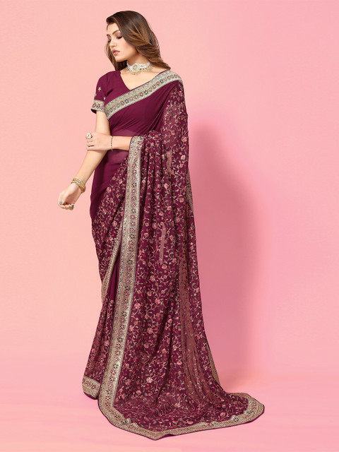 

all about you Maroon & Pink Floral Embroidered Georgette Saree