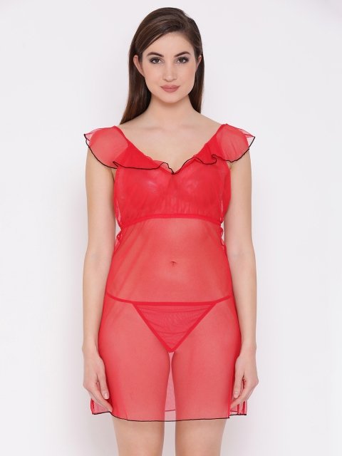 

Clovia Red Layered Sheer Baby-Doll with Thongs NS0772P04XL