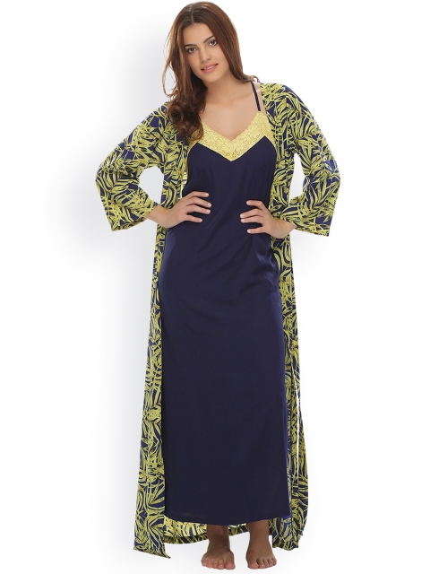 

Clovia Yellow & Navy Maxi Nightdress With Printed Robe NS0546P02XL