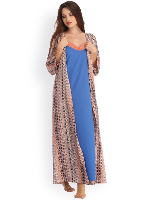 

Clovia Brown & Blue Maxi Nightdress With Printed Robe NS0546P06XL