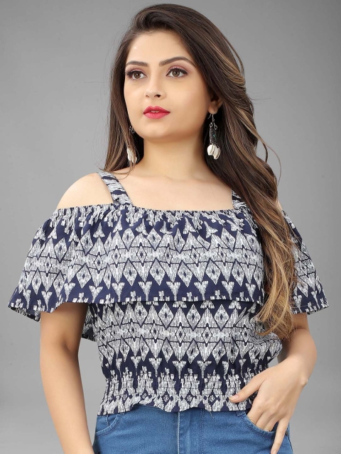 

PRASTHAN Blue Geometric Print Crepe Crop Top