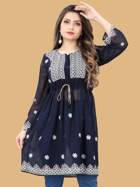 

PRASTHAN Women Navy Blue Print Georgette Longline Top